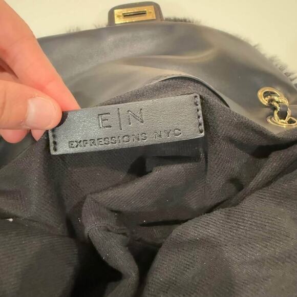 Expressions NYC Vegan Fur Bag Womens Black Faux Fur Shoulder Chain Handbag Purse - Picture 7 of 10